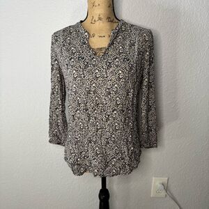 Lucky Brand Floral V Neck Long Sleeve Top Size S Boho Peasant 70s Hippie Casual